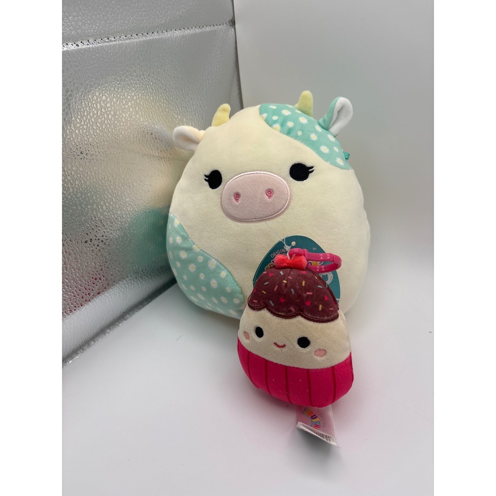 Squishmallows Belana Cow Floral 8in Plush & Cupcake Clip On Bundle Kellytoy